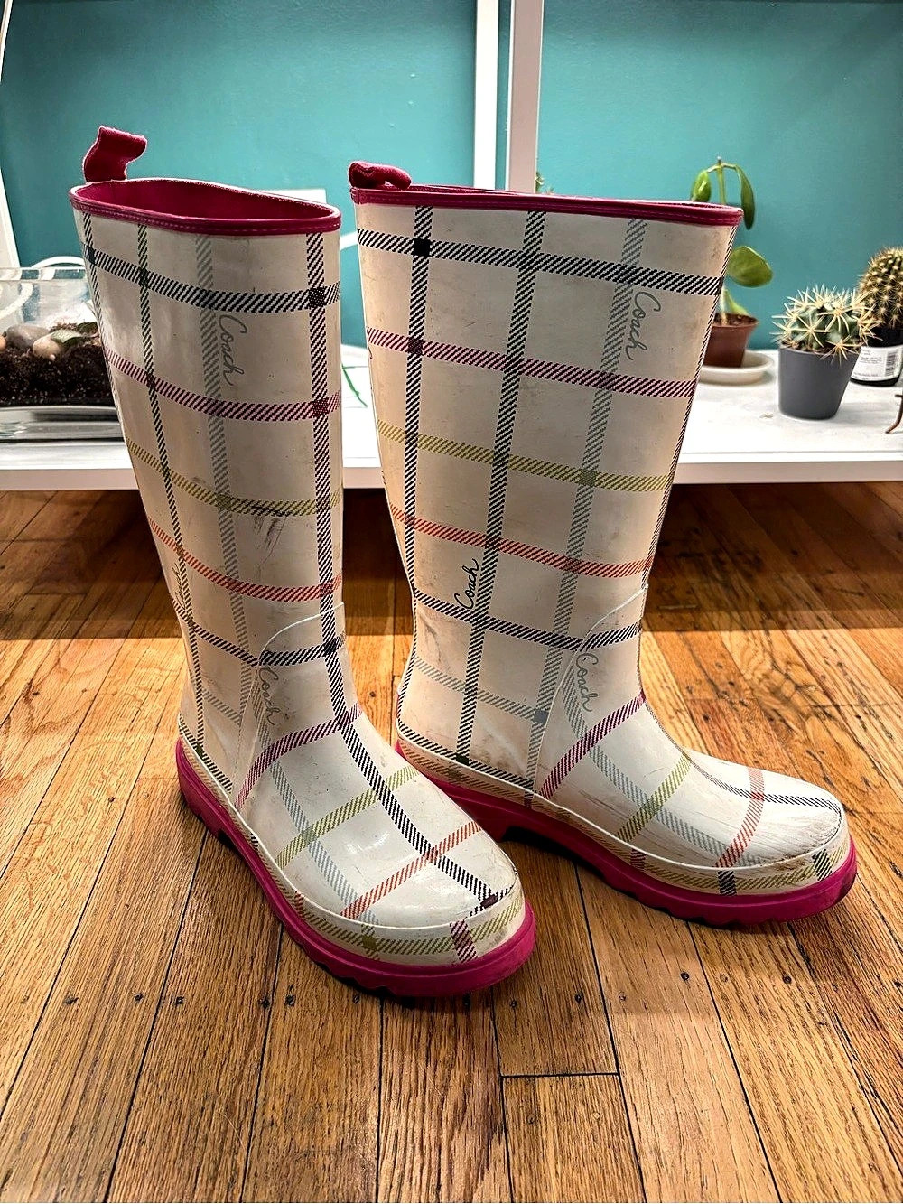 Coach Plaid Rain Boots in Pink & White